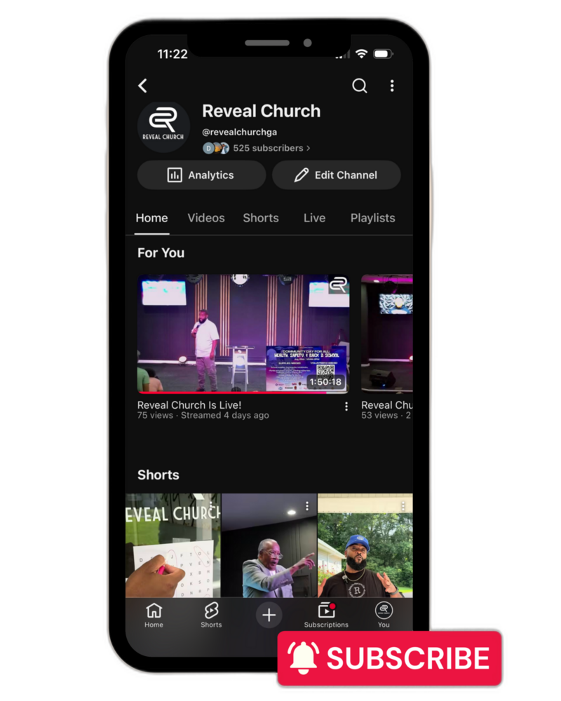 Reveal Church YouTube channel on a phone screen